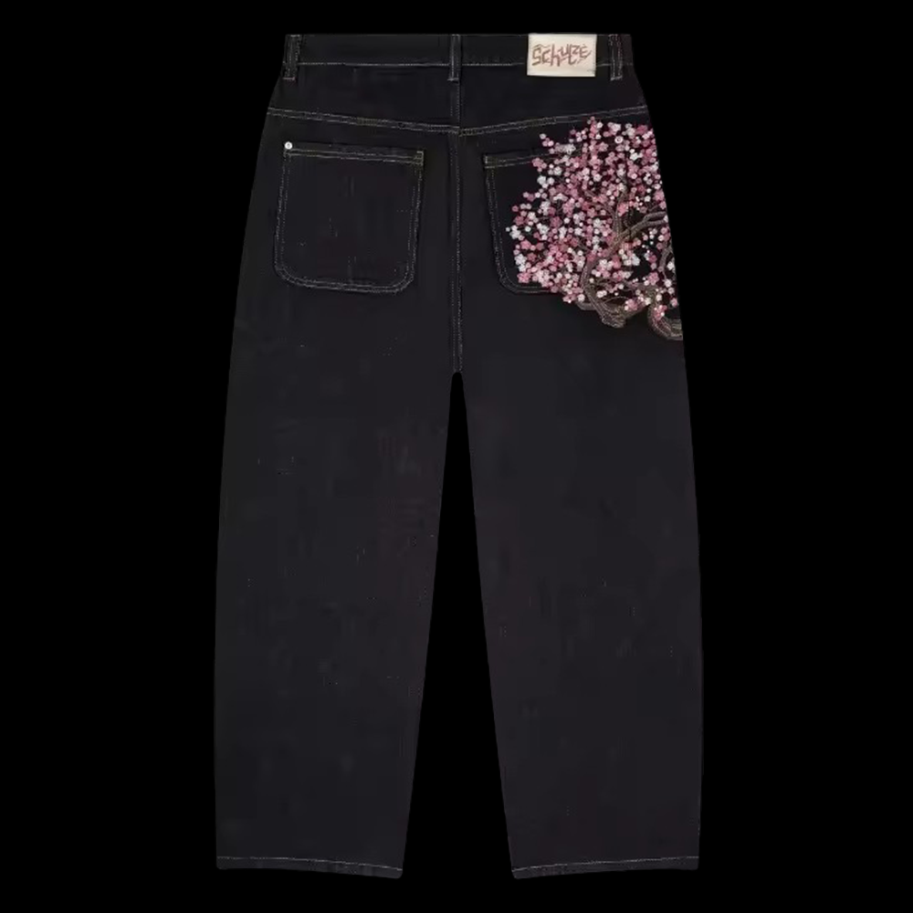 Embroidery Jeans Sakura - Pantalones Vaqueros Anchos Retro Y2K para