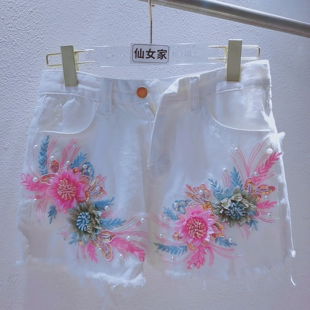 Embroidery Jeans Sakura - Moda coreana, pantalones cortos vaqueros de
