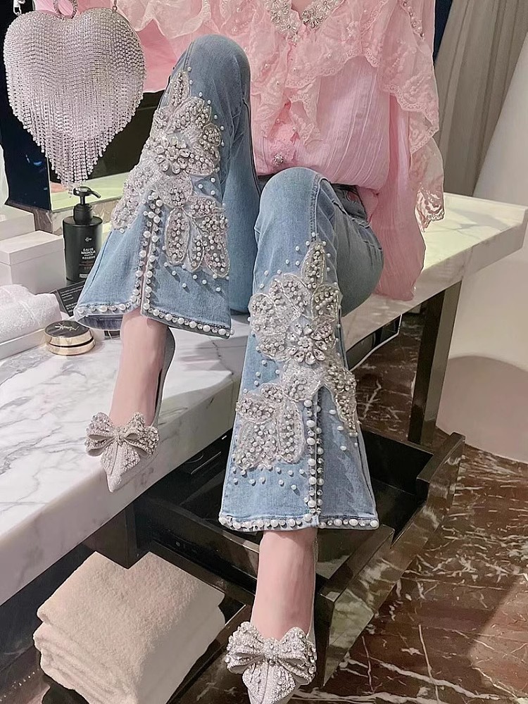 Embroidery Jeans Sakura - Pantalones vaqueros de cintura alta para