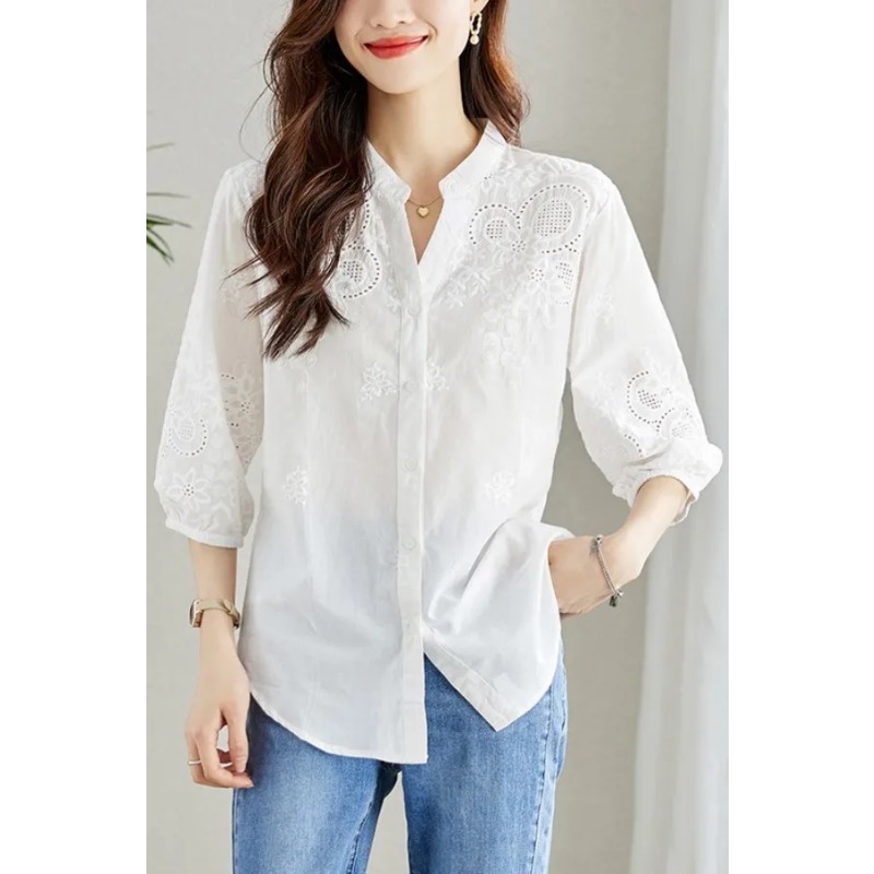 Embroidery Eyelet - Blusa Blanca para Mujer con Bordado