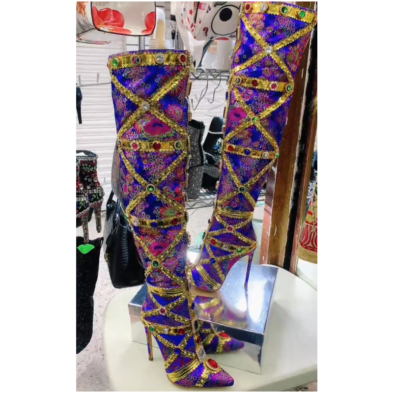 Embroidery Stitches - Botas de tacón de aguja multicolor