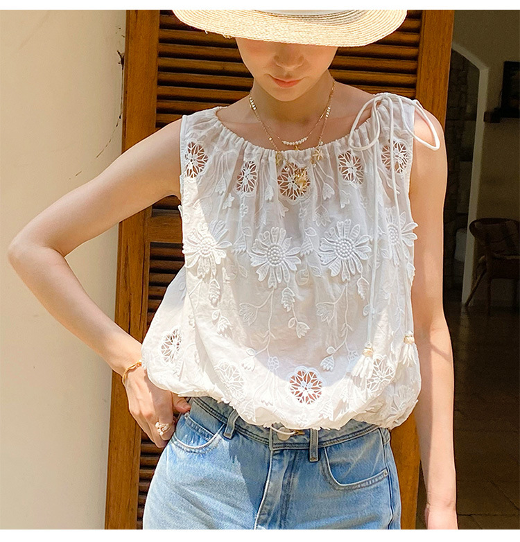Embroidery Eyelet - Blusa estilo bohemio francés con bordado,
