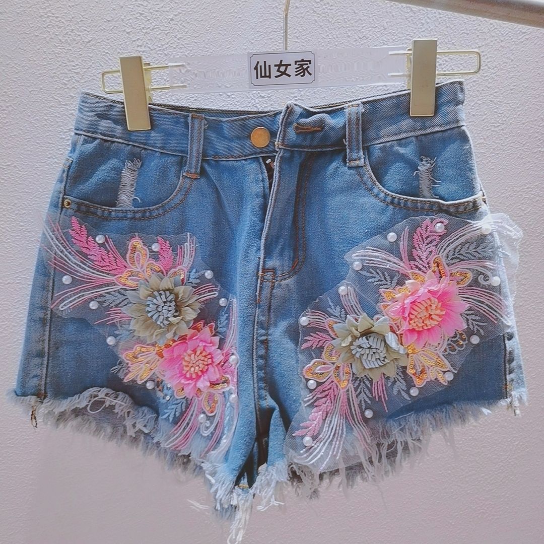 Moda coreana, pantalones corto - Embroidery Jeans Sakura reseña y precio