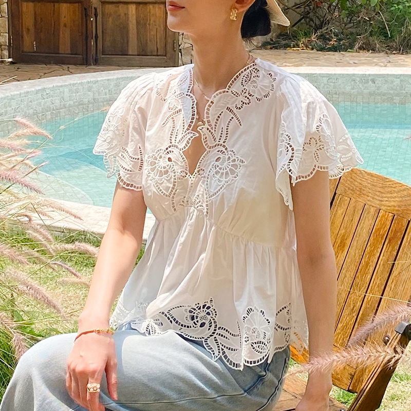 Blusa de Algodón Blanco con Bo - Embroidery Eyelet reseña y precio